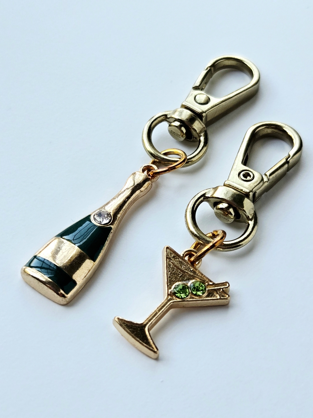 Gold-Tone Champagne Bottle & Martini Charm Keychain - Green Accents